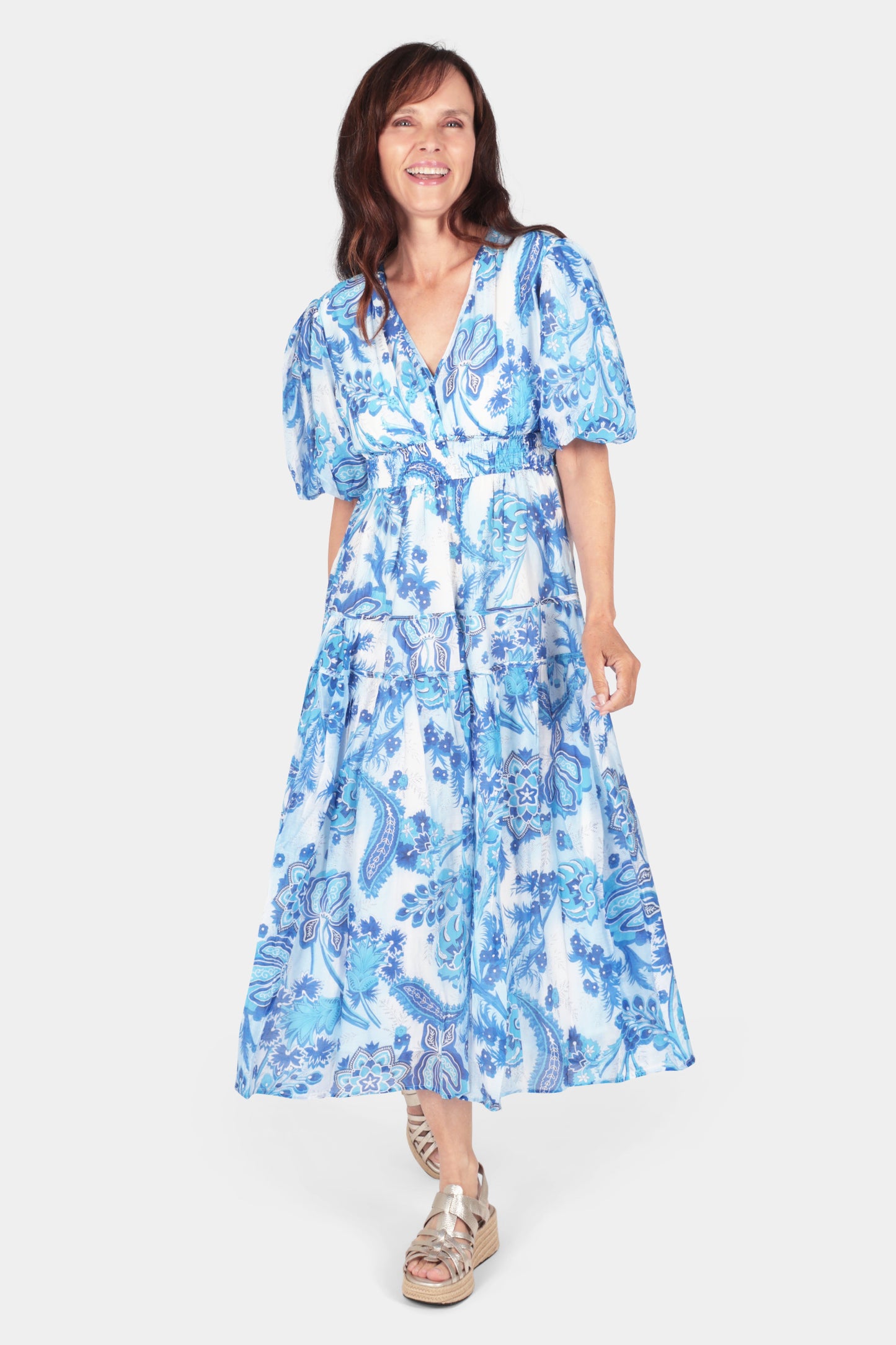 Puff Sleeve Tiered Midi Dress