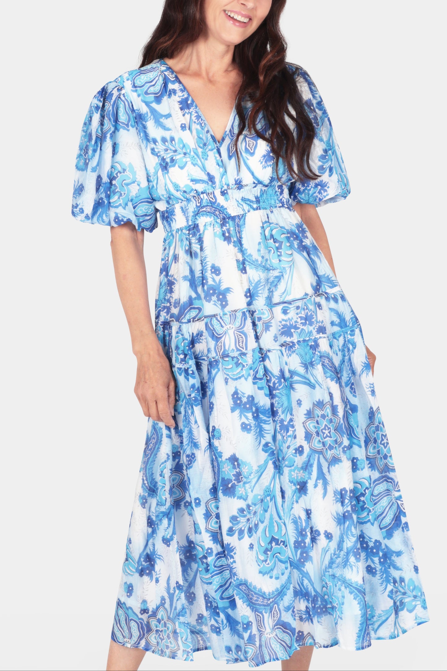 Puff Sleeve Tiered Midi Dress