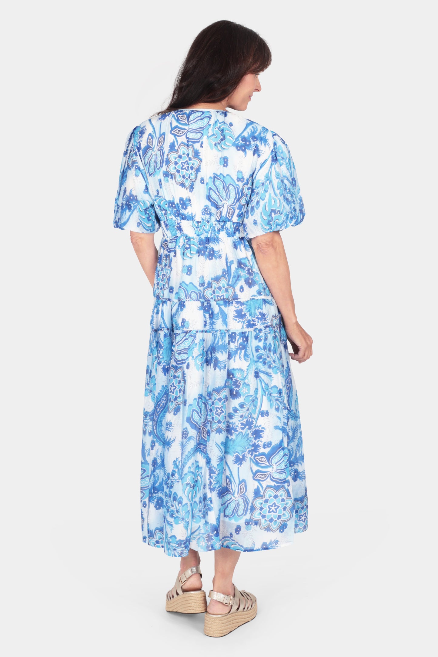 Puff Sleeve Tiered Midi Dress