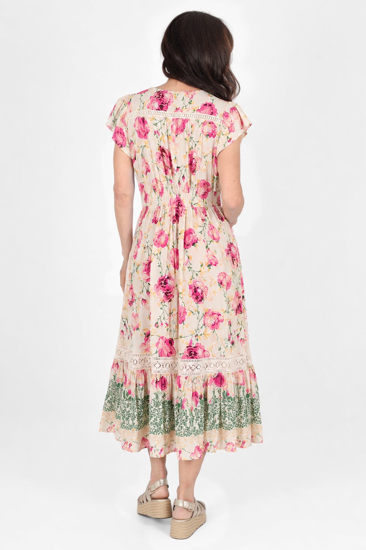 Lace Trim Button Front Midi Dress