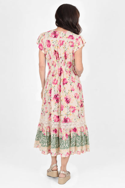 Lace Trim Button Front Midi Dress