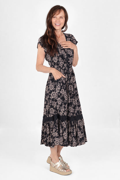 Lace Trim Button Front Midi Dress