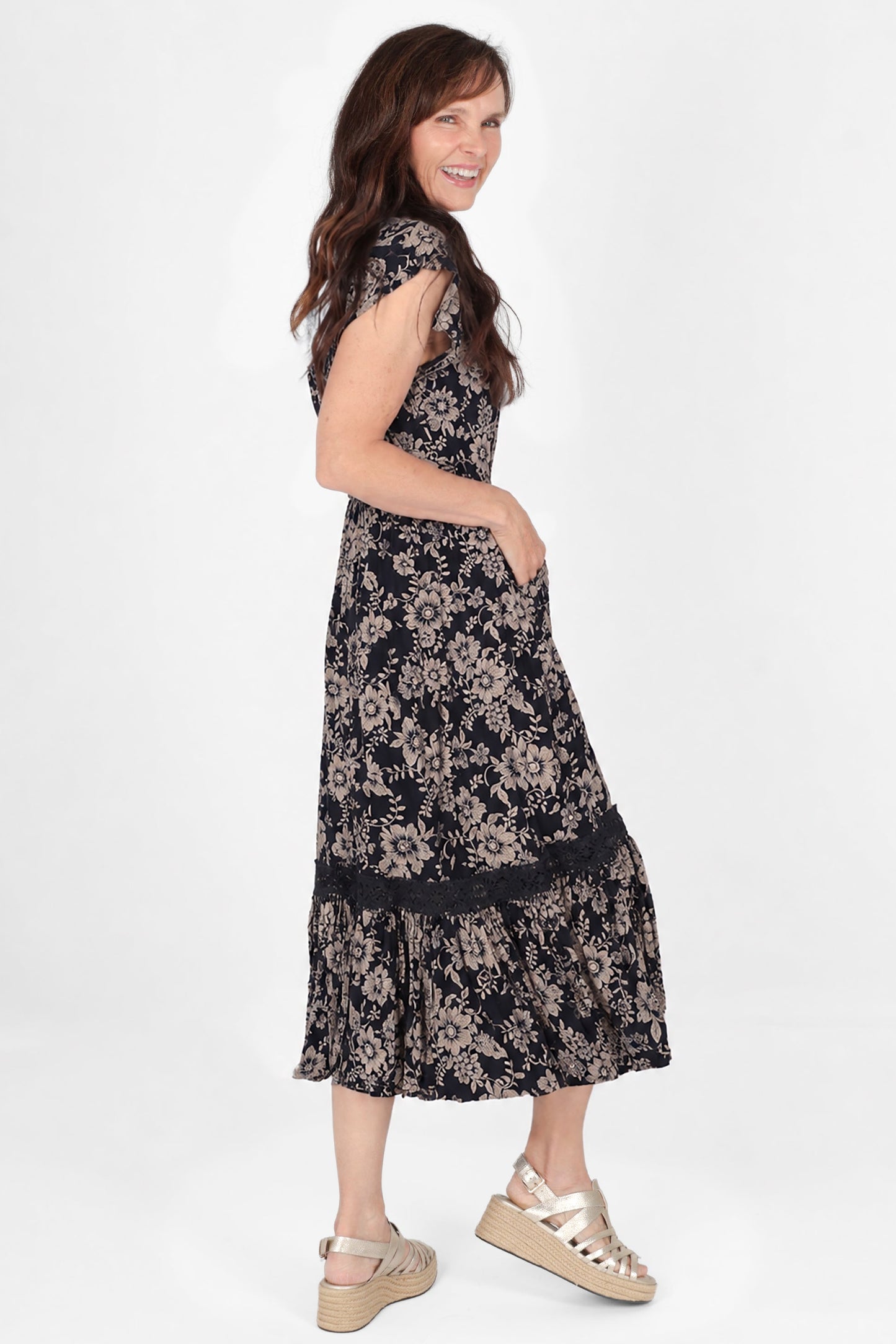 Lace Trim Button Front Midi Dress