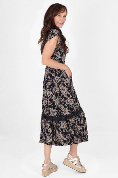 Lace Trim Button Front Midi Dress