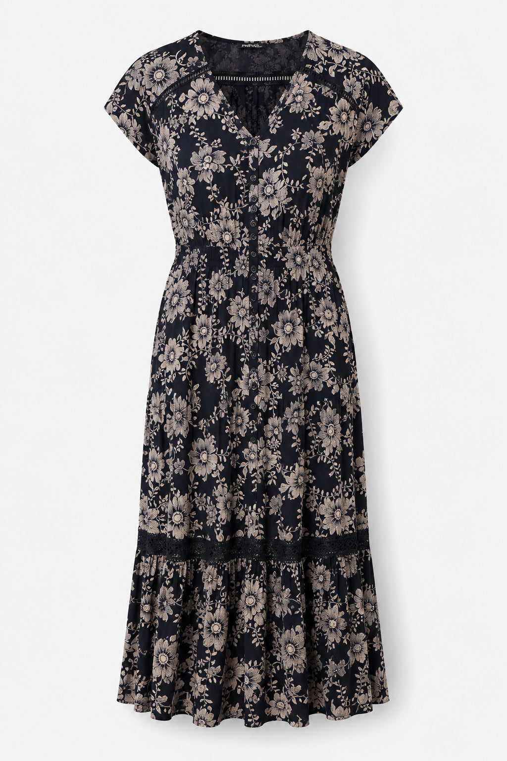 Lace Trim Button Front Midi Dress