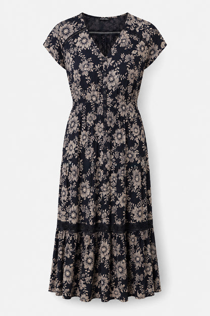 Lace Trim Button Front Midi Dress