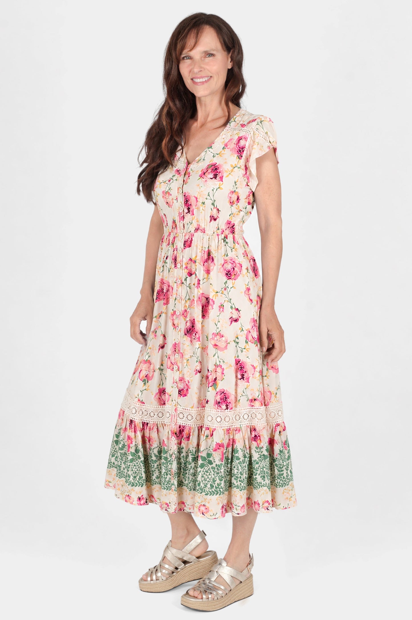 Lace Trim Button Front Midi Dress