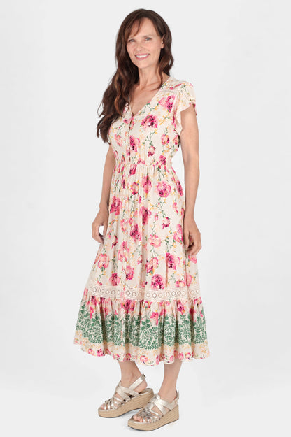 Lace Trim Button Front Midi Dress