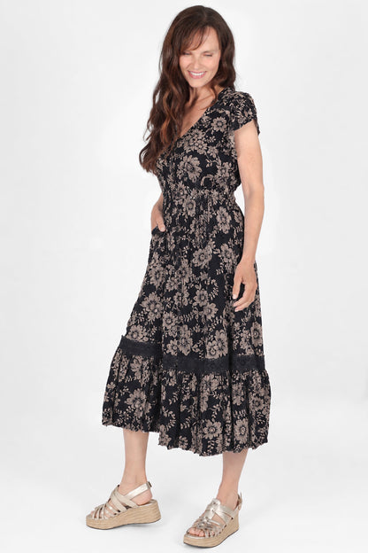 Lace Trim Button Front Midi Dress
