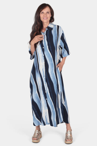 Wave Print Shirt Maxi Dress