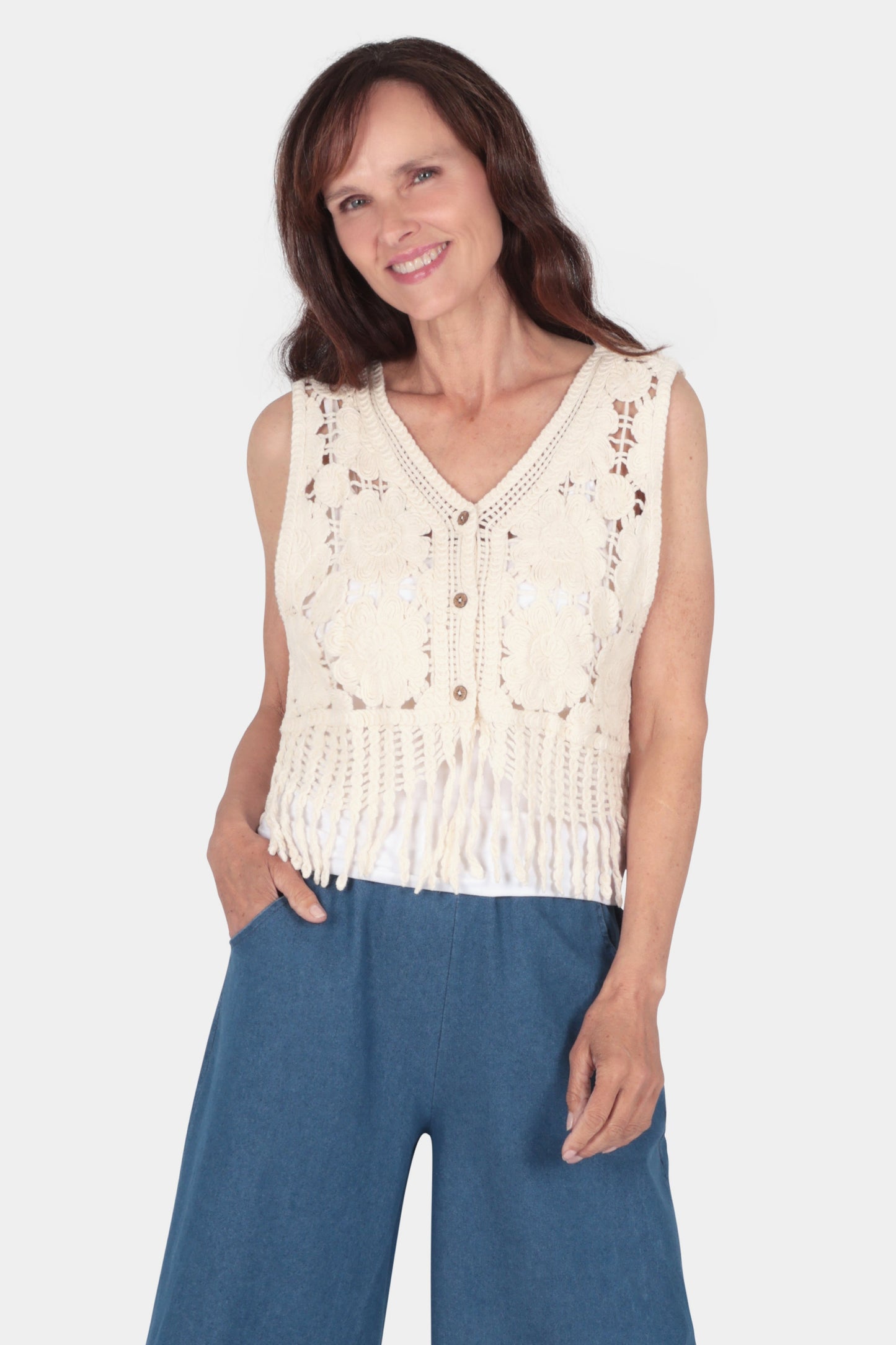 Button Up Crochet Tassel Vest