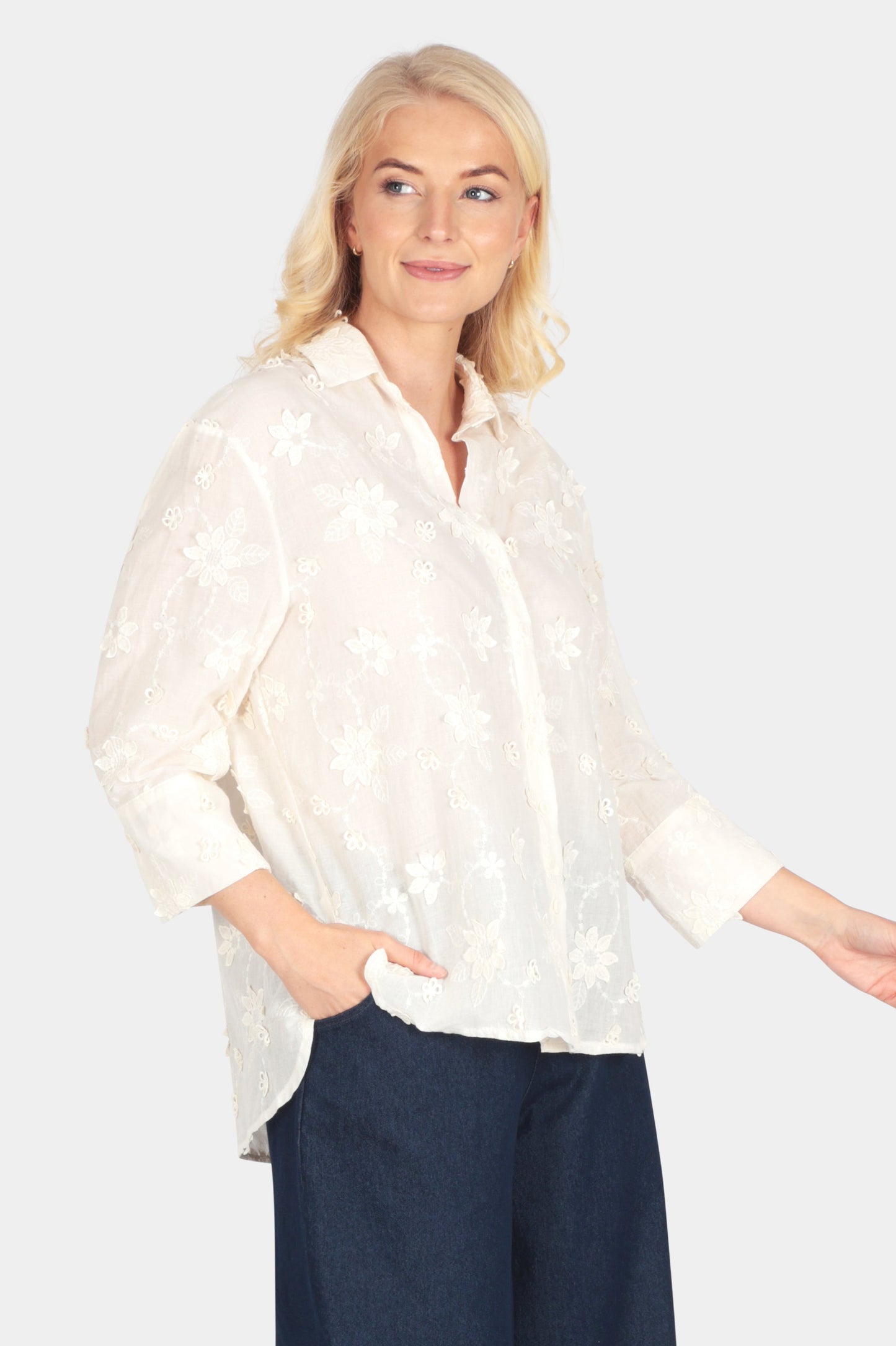 Floral Appliqué Cotton Shirt