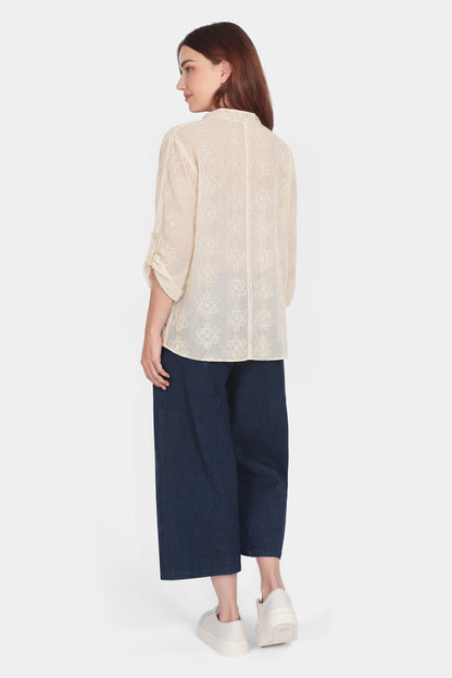 Cotton Embroidered Roll Sleeve Shirt