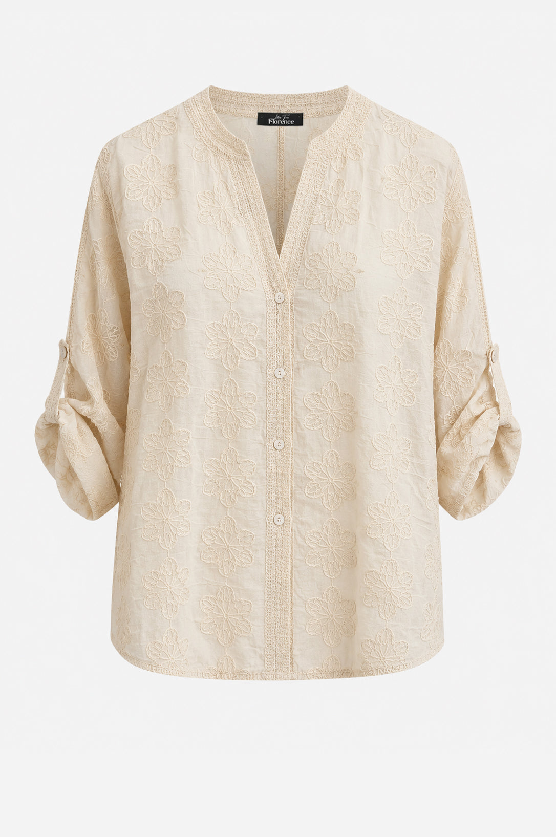 Cotton Embroidered Roll Sleeve Shirt