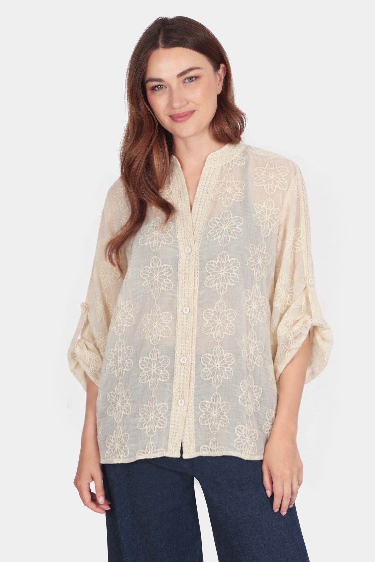 Cotton Embroidered Roll Sleeve Shirt