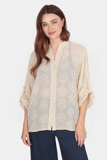 Cotton Embroidered Roll Sleeve Shirt