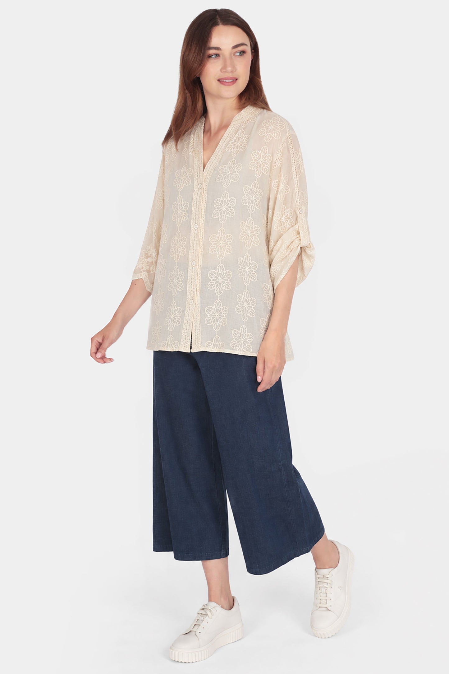 Cotton Embroidered Roll Sleeve Shirt
