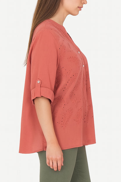 Leaf Embroidered Cotton Blouse