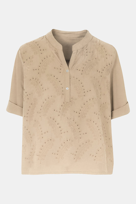 Leaf Embroidered Cotton Blouse