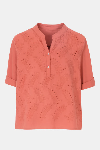 Leaf Embroidered Cotton Blouse