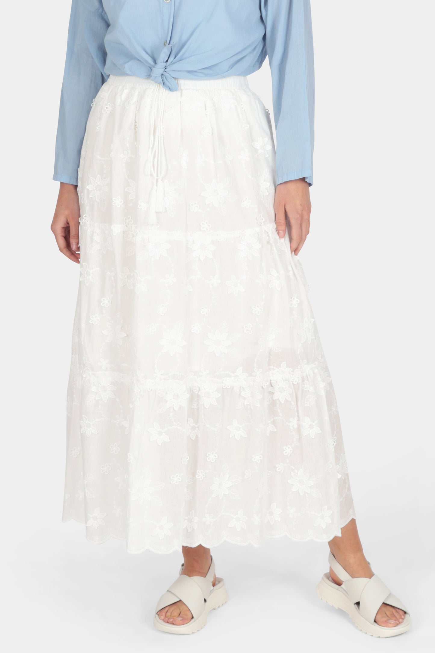 Floral Appliqué Tiered Cotton Skirt