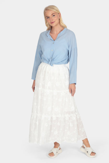 Floral Appliqué Tiered Cotton Skirt