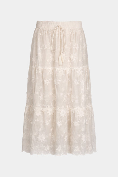 Floral Appliqué Tiered Cotton Skirt