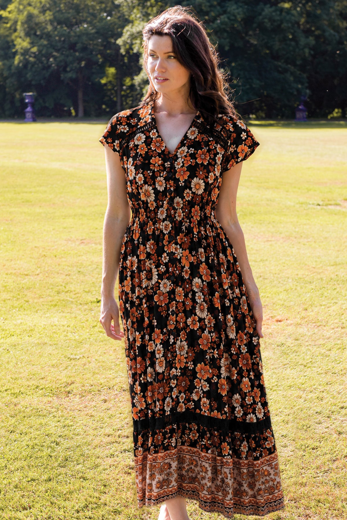 Lace Trim Button Front Maxi Dress