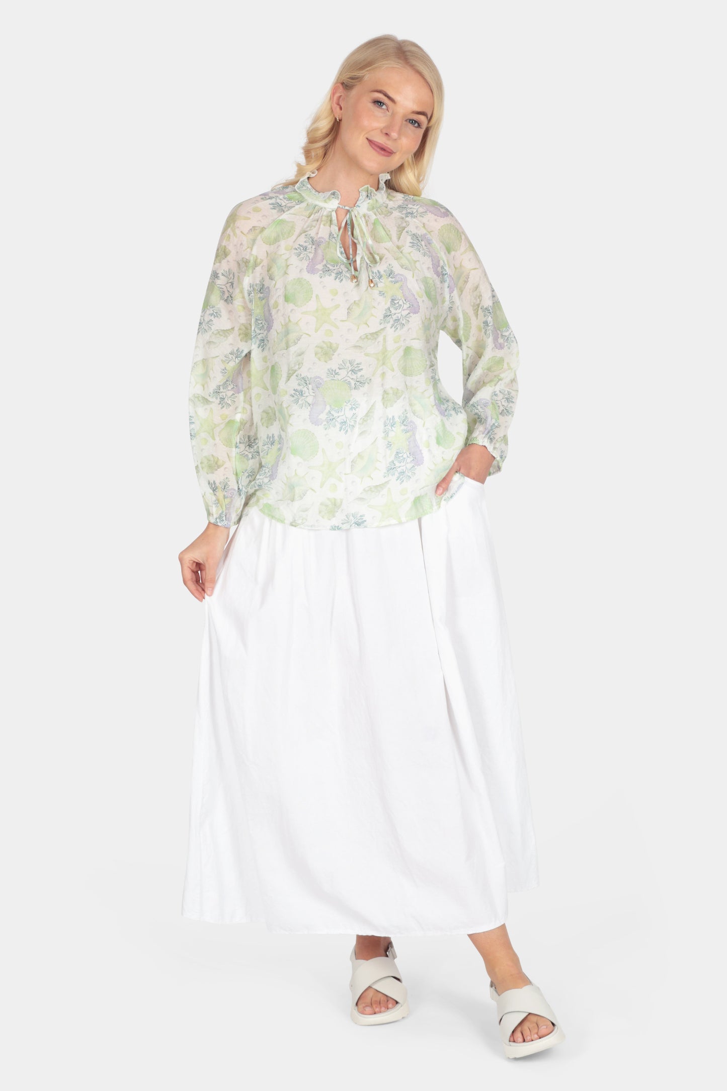 Marine Frill Tie Neck Blouse