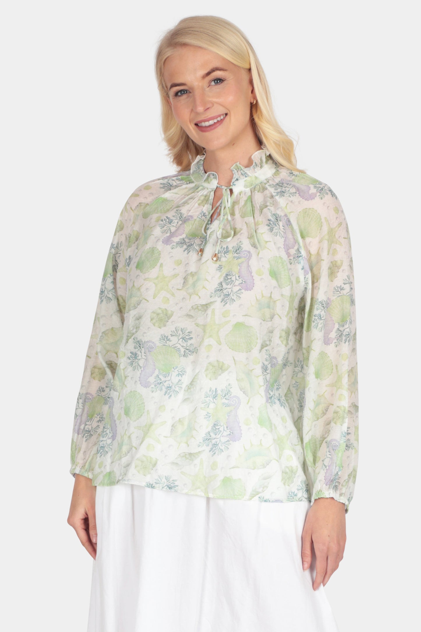 Marine Frill Tie Neck Blouse
