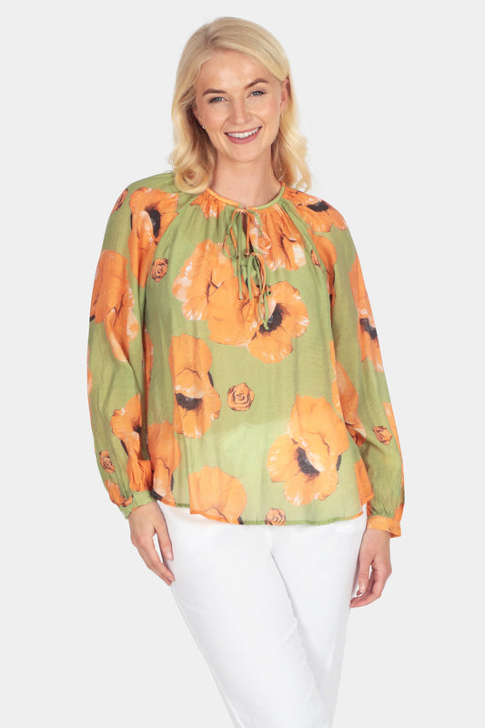 Bold Poppy Tie-Neck Blouse