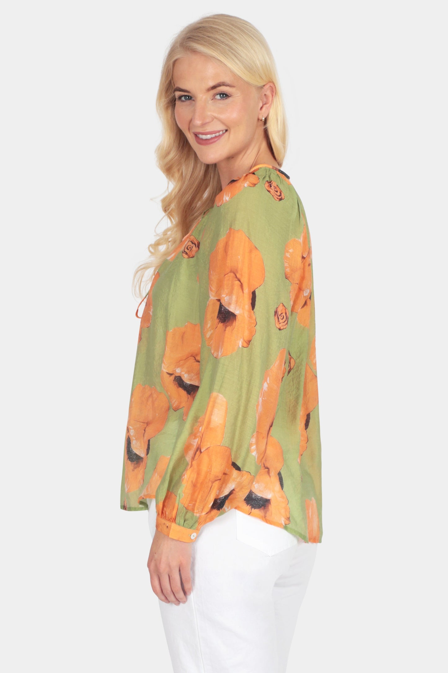 Bold Poppy Tie-Neck Blouse