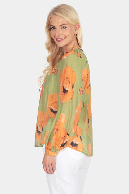 Bold Poppy Tie-Neck Blouse