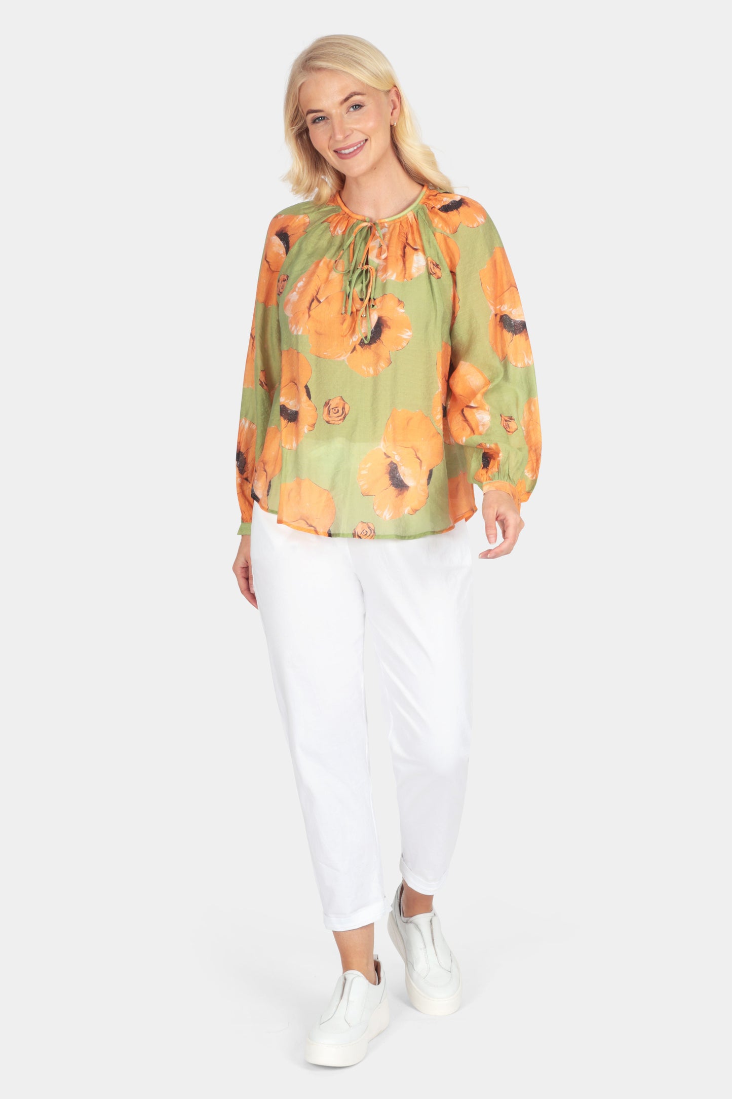 Bold Poppy Tie-Neck Blouse