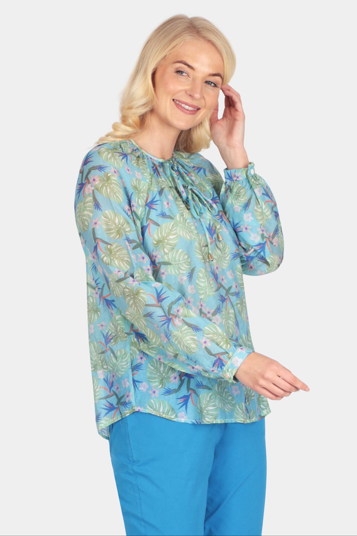 Botanical Print Tie-Neck Blouse
