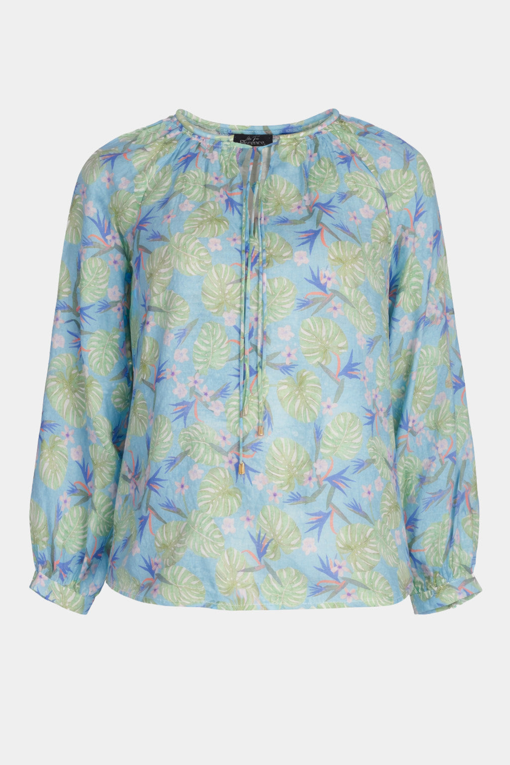 Botanical Print Tie-Neck Blouse