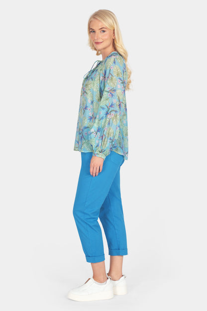 Botanical Print Tie-Neck Blouse