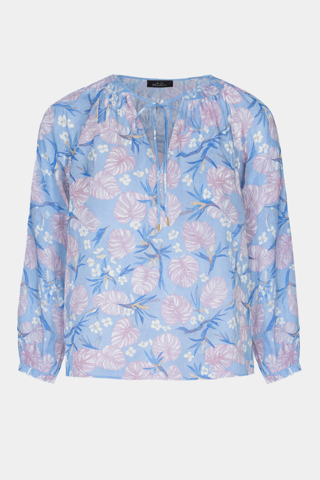 Botanical Print Tie-Neck Blouse