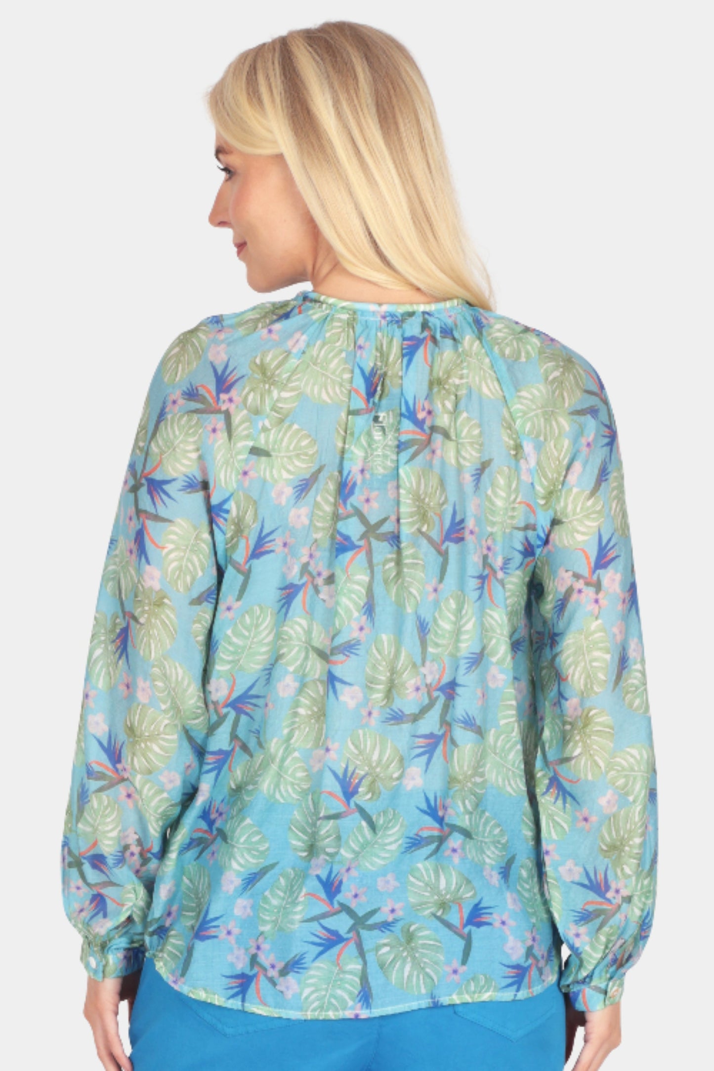 Botanical Print Tie-Neck Blouse