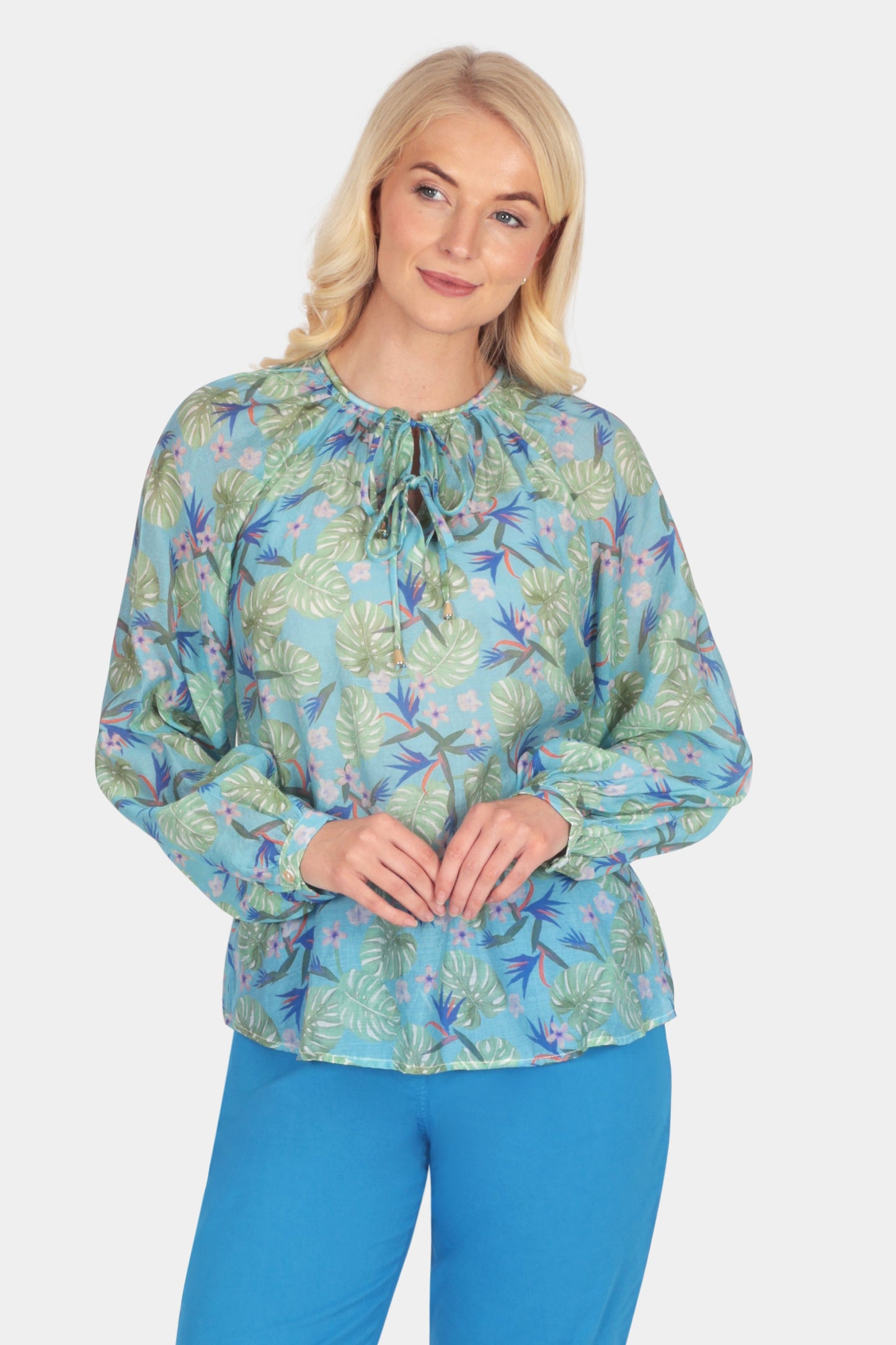 Botanical Print Tie-Neck Blouse