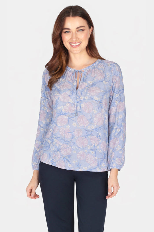 Botanical Print Tie-Neck Blouse