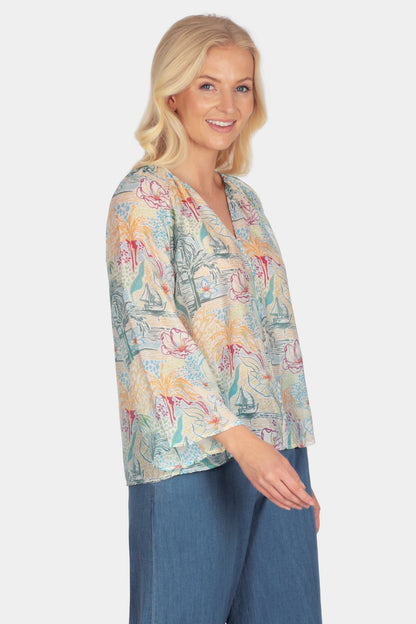 Island Sketch Flute Sleeve Blouse