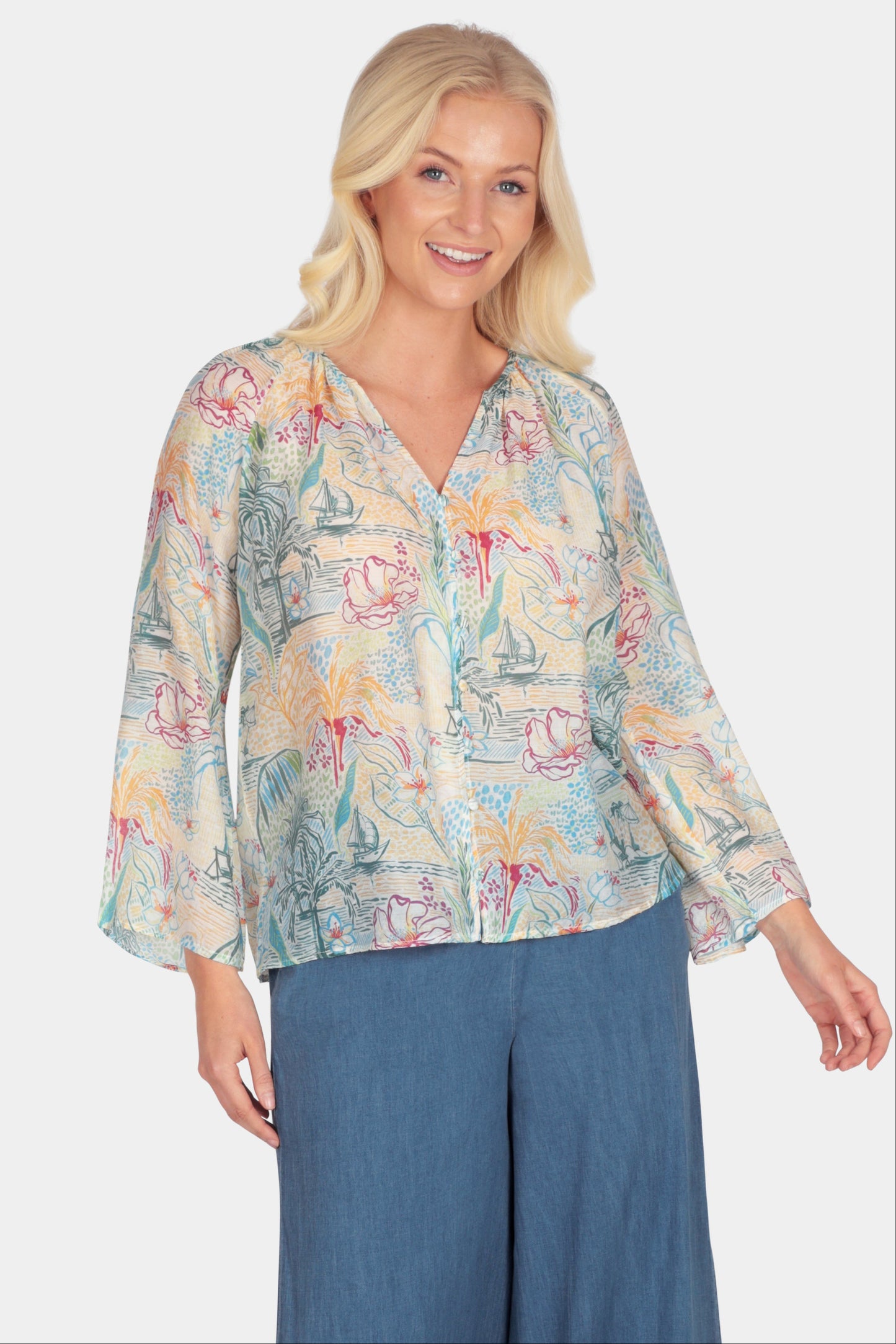 Island Sketch Flute Sleeve Blouse
