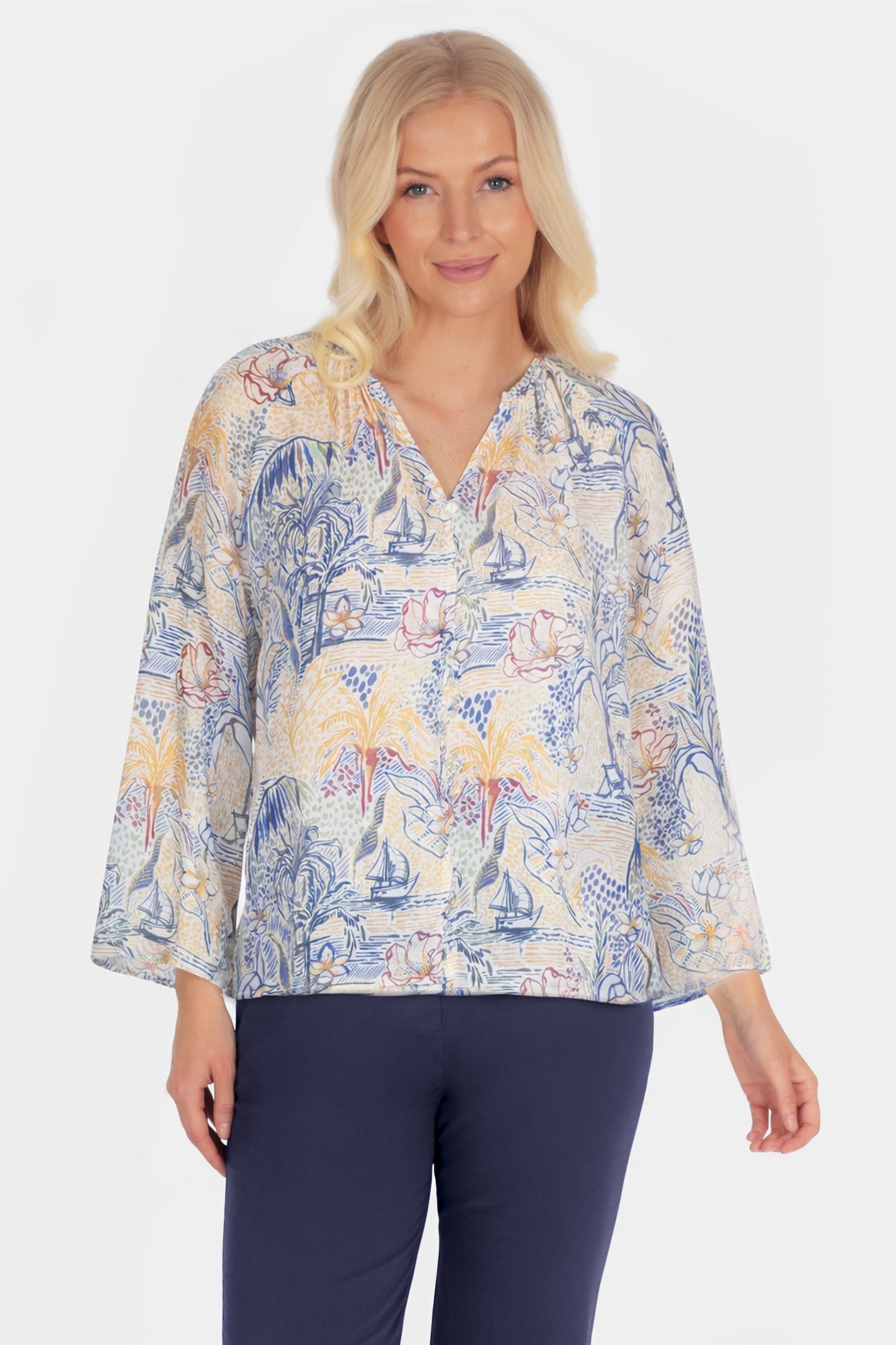 Island Sketch Flute Sleeve Blouse