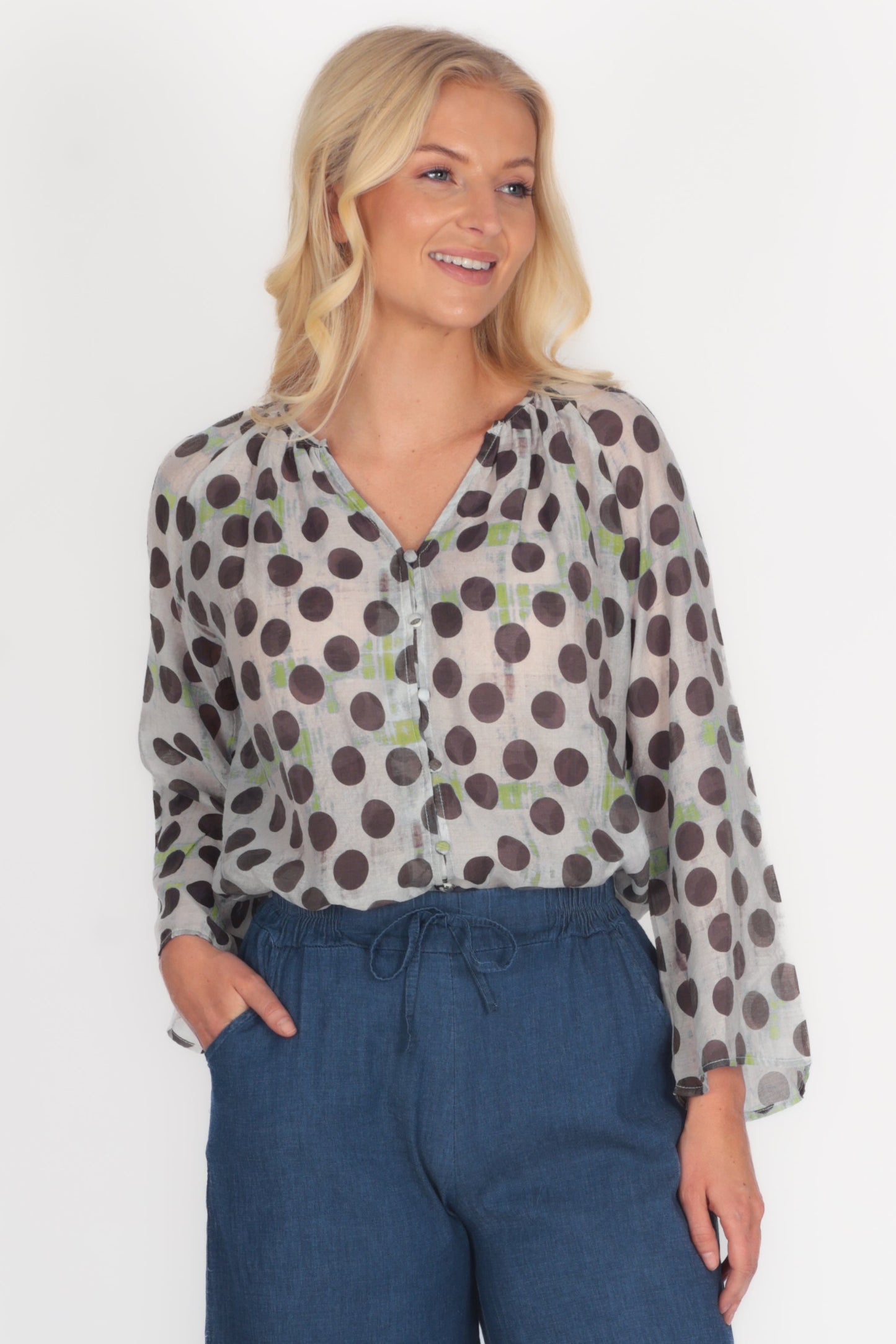 Polka Dot Flute Sleeve Blouse