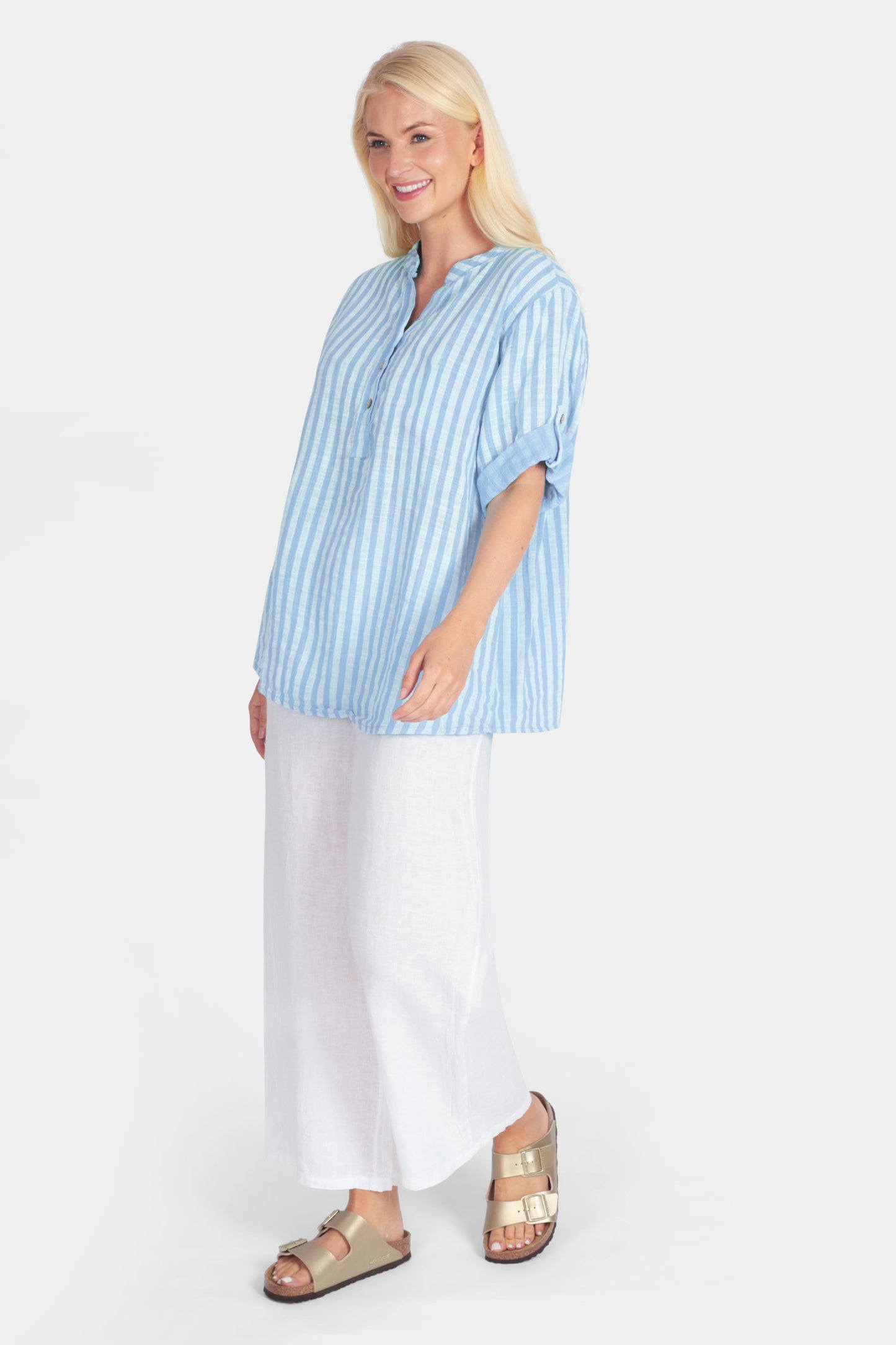 Cotton Stripe Henley Blouse