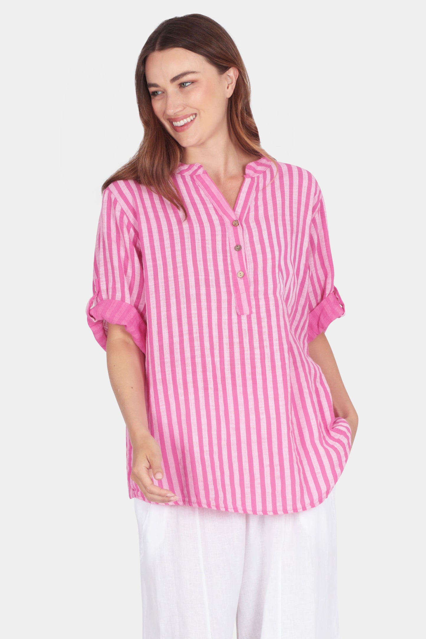 Cotton Stripe Henley Blouse