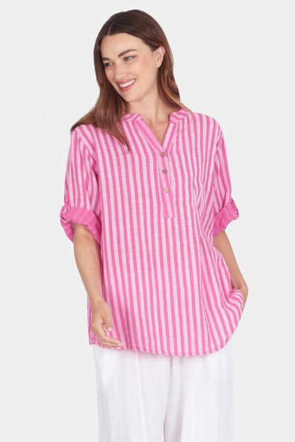 Cotton Stripe Henley Blouse