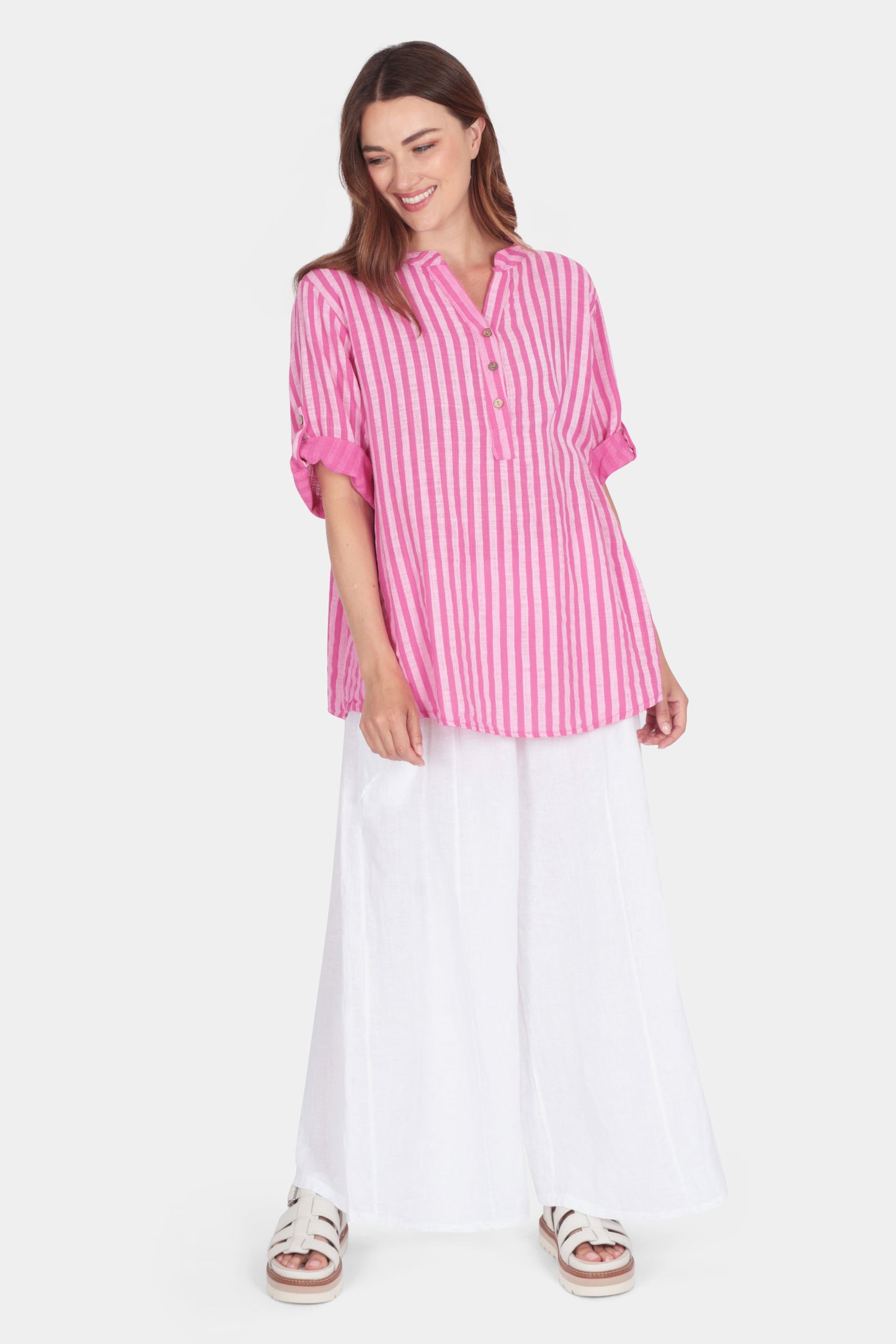 Cotton Stripe Henley Blouse