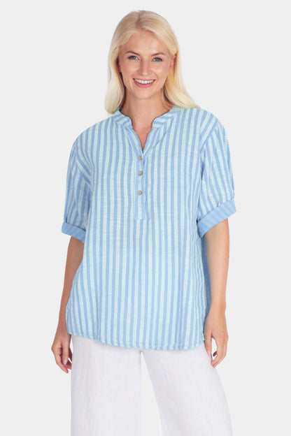 Cotton Stripe Henley Blouse